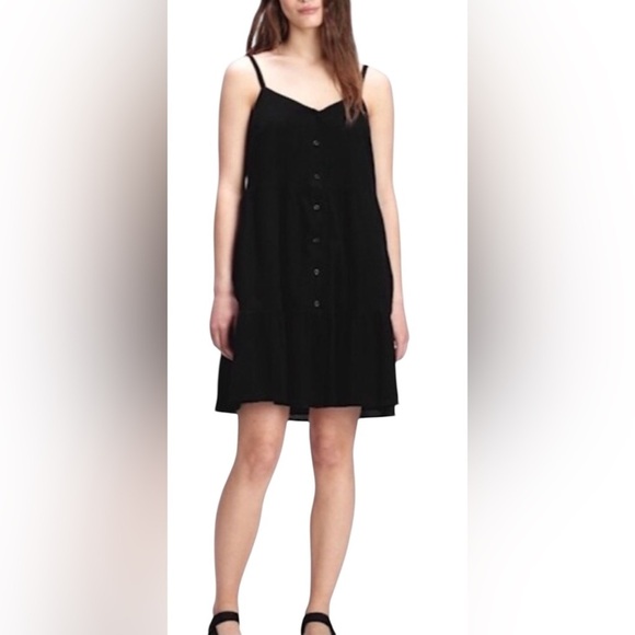 GAP Button Front Tiered Shift Dress Black 100%Cotton Prairie Festival Women Sz L - Picture 1 of 13